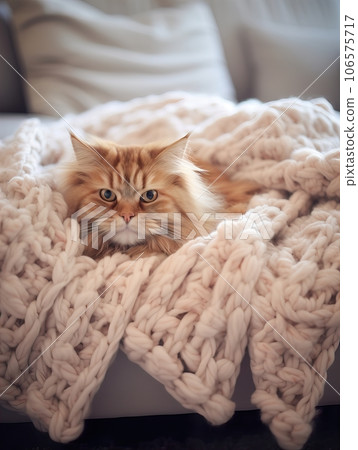 Fluffy ginger cat on cozy knitted blanket in winter decorated home interior, warm light Fluffy ginger cat on cozy knitted blanket in winter decorated home interior, warm light 106575717