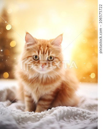 Fluffy ginger cat on cozy knitted blanket in winter decorated home interior, warm light Fluffy ginger cat on cozy knitted blanket in winter decorated home interior, warm light 106575722