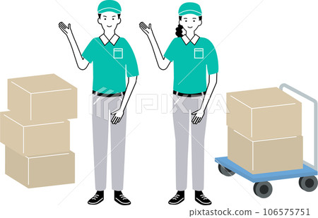 Illustration set of male and female courier delivery staff raising one hand 106575751