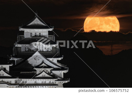 Himeji castle and full moon 106575752