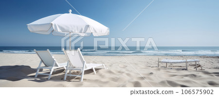 Bask in the warm sun and admire the breathtaking view of the ocean from two beach chairs and umbrellas on the pristine beach. AI Generative. 106575902
