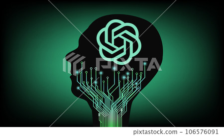 Human head with ChatGPT artificial intelligence program logo, OpenAI company, and PCB tracks on green background. Illustration banner for news. Human head with ChatGPT artificial intelligence program logo, OpenAI company, and PCB tracks on green background. Illustration banner for news. 106576091