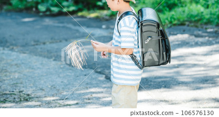 Elementary school boy walking on the way to school 106576130
