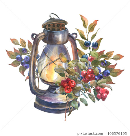 Vintage Lantern with twigs forest berry. Hand drawn watercolor illustration of retro rusty Lamp and wild plants on white isolated background. For invitations, greeting cards for travel 106576195
