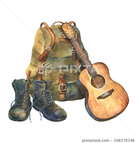 Green backpack, guitar and hiking boots. Hand drawn watercolor illustration isolated on white background. Green backpack, guitar and hiking boots. Hand drawn watercolor illustration isolated on white background. 106576196