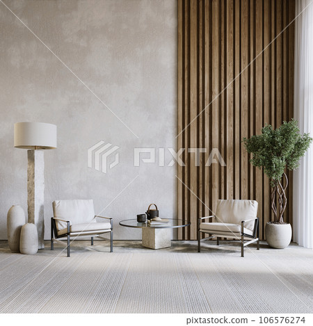 Gray interior with chairs, wall wood panel and decor. 3d render illustration mockup. Gray interior with chairs, wall wood panel and decor. 3d render illustration mockup. 106576274