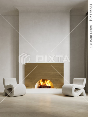 Contemporary classic minimalism white interior with armchairs and gold fireplace. 3d render illustration mockup. 106576283