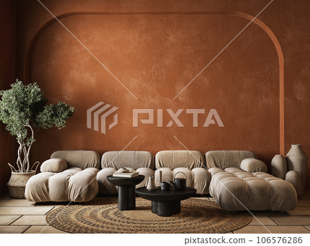 Orange interior with sofa, decor, stucco wall. 3d render illustration mockup. 106576286