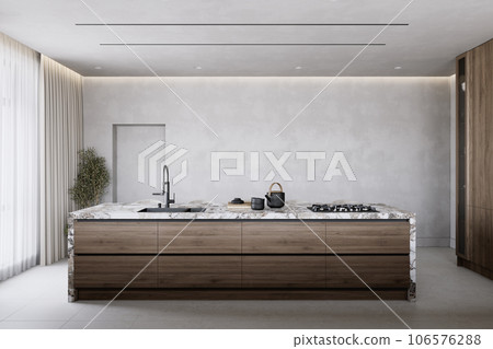 Contemporary kitchen interior with marble countertop and decor. 3d render illustration mockup. 106576288