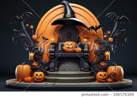 3D Realistic Halloween Podium with Pumpkin, Bat, and Witch Hat 106576309