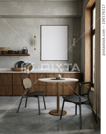 Kitchen room interior with concrete wall, wooden furniture, picture frame and decor. 3d render illustration mockup. Kitchen room interior with concrete wall, wooden furniture, picture frame and decor. 3d render illustration mockup. 106576317