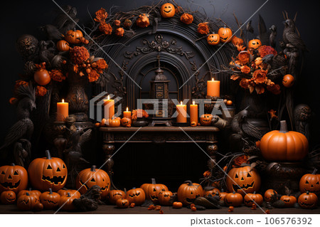 3D Realistic Halloween Podium with Pumpkin, Bat, and Witch Hat 106576392