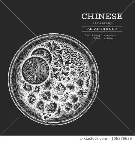 Chinese Dish Chalk Board Illustration. Vector Hand Drawn Isolated Sweet And Sour Meat Plate. Vintage Style Asian Food Illustration. Chinese Dish Chalk Board Illustration. Vector Hand Drawn Isolated Sweet And Sour Meat Plate. Vintage Style Asian Food Illustration. 106576689