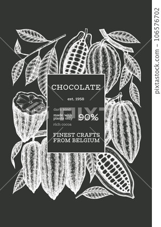 Cocoa Chalk Board Vector Banner Template. Chocolate Retro Cocoa Beans Background. Vintage Style Hand Drawn Illustration. 106576702