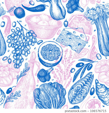 Mediterranean Cuisine Seamless Vector Pattern. Vector Hand Drawn Healthy Food Background. Vintage Style Menu Illustration. Mediterranean Cuisine Seamless Vector Pattern. Vector Hand Drawn Healthy Food Background. Vintage Style Menu Illustration. 106576715