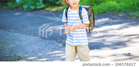Elementary school boy walking on the way to school 106576827