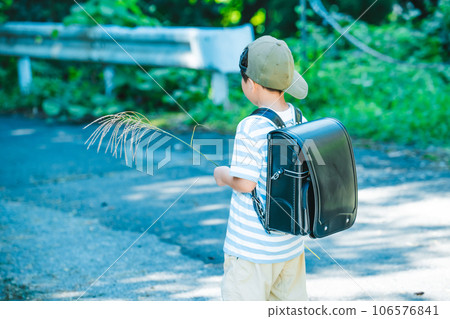 Elementary school boy walking on the way to school 106576841