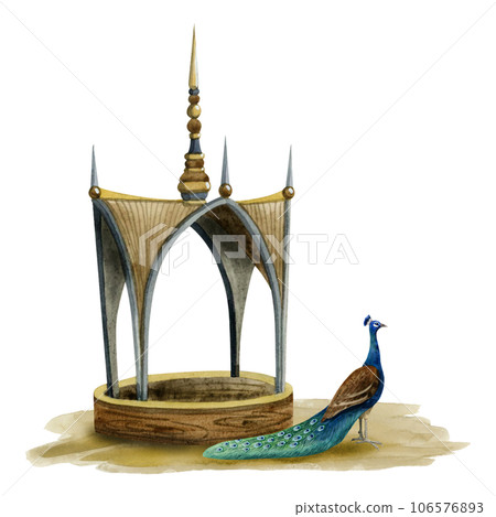 Peacock bird near Asian pavilion building watercolor illustration isolated on white background. Traditional pagoda house in brown colors 106576893