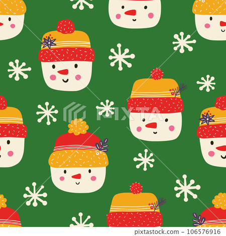 Christmas holiday flat vector seamless pattern with snowman.Texture of winter season symbols. Traditional Christmas attributes Christmas holiday flat vector seamless pattern with snowman.Texture of winter season symbols. Traditional Christmas attributes 106576916