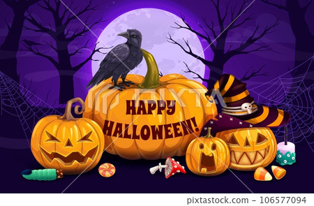 Halloween cartoon pumpkins and sweets on midnight cemetery. Horror holiday scary jack-o-lantern pumpkins characters with trick or treat candies, witch hat and black crow, creepy trees and full moon 106577094