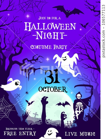 Halloween party flyer with cemetery silhouette, ghosts, zombie hands, reaper and flying bats. Vector invitation poster for horror night or costume party entertainment with free entry and live music 106577113
