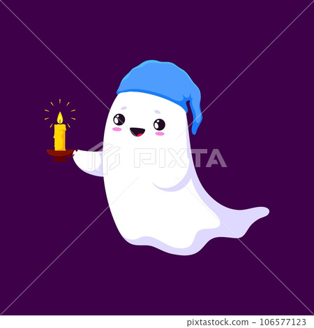 Cartoon Halloween kawaii ghost character dons a nightcap, clutching a lit candle. Adorable yet eerie, a blend of innocence and spookiness. Isolated vector charming baby spook personage wander at night 106577123