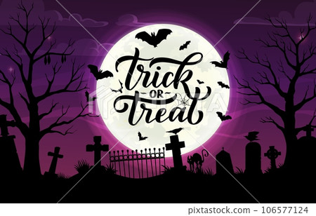 Halloween cemetery silhouette, trick or treat vector banner. Night twilight graveyard landscape with black cat, crosses, tombs, crows and scary bats under full moon. Cartoon spooky greeting card Halloween cemetery silhouette, trick or treat vector banner. Night twilight graveyard landscape with black cat, crosses, tombs, crows and scary bats under full moon. Cartoon spooky greeting card 106577124