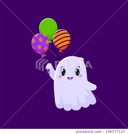 Halloween ghost, cute kawaii boo with balloons, vector cartoon funny monster character. Halloween holiday horror night ghost or happy poltergeist flying on balloons, spooky cute ghost character Halloween ghost, cute kawaii boo with balloons, vector cartoon funny monster character. Halloween holiday horror night ghost or happy poltergeist flying on balloons, spooky cute ghost character 106577127