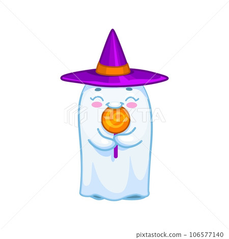 Halloween kawaii ghost character licking a lollipop. Isolated cartoon vector cute spook wear witch pointed hat featuring a friendly smile and playful eyes while enjoying sweet treat at spooky season Halloween kawaii ghost character licking a lollipop. Isolated cartoon vector cute spook wear witch pointed hat featuring a friendly smile and playful eyes while enjoying sweet treat at spooky season 106577140