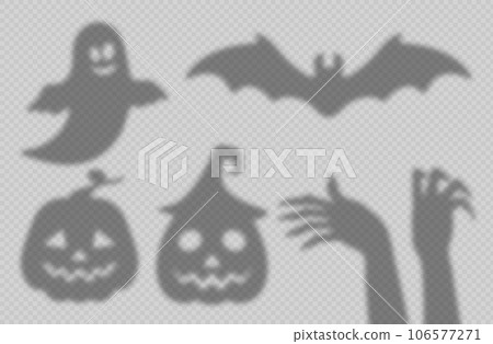 Halloween shadow overlay, isolated vector ghost, pumpkin faces, flying bat and hands shades on the wall with natural light effect. Silhouettes of funny smiling spook, gesturing arms and jack lantern 106577271