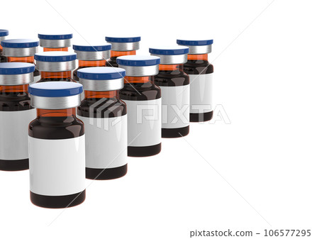 Medicine bottles for injection. Medical Glass vials, liquid solution for infusion on a white background Medicine bottles for injection. Medical Glass vials, liquid solution for infusion on a white background 106577295
