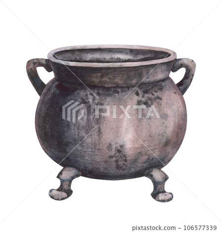 Witch's empty cauldron with magical texture isolated on white background. Watercolor hand drawn dark fantasy sketch iIllustration. Art design mystical halloween witch decoration, scary greeting card 106577339