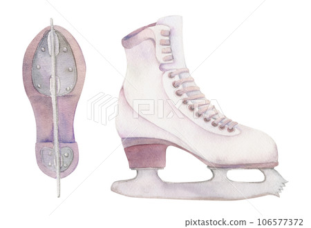 Hand drawn watercolor figure skating boots, winter sports footwear, gear equipment. Illustration isolated object, white background. Design for poster, print, website, card, invitation, shop brochure Hand drawn watercolor figure skating boots, winter sports footwear, gear equipment. Illustration isolated object, white background. Design for poster, print, website, card, invitation, shop brochure 106577372