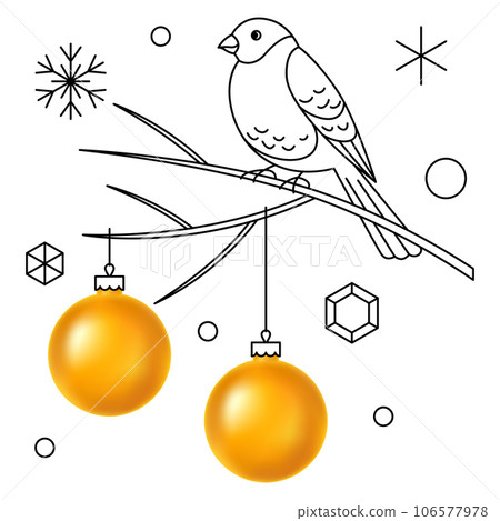 Merry Christmas greeting card. Illustration of gold glass balls and bullfinch on branch in linear style. Merry Christmas greeting card. Illustration of gold glass balls and bullfinch on branch in linear style. 106577978
