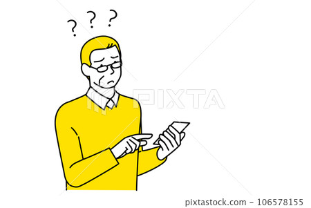 一位老人在使用問號和智能手機時遇到困難 一位老人在使用問號和智能手機時遇到困難 106578155