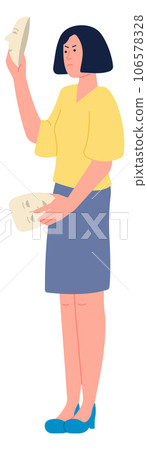 Woman hide emotional problem behind mask. Imposter or liar 106578328