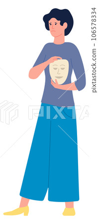 Sad woman with happy face mask. Fake personality 106578334