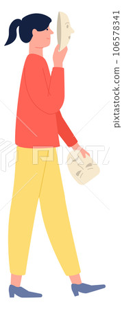 Woman with smiling mask. Social hypocrisy. Pretending emotion 106578341