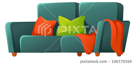 Sofa cartoon icon. Couch with color cushions. Soft seat Sofa cartoon icon. Couch with color cushions. Soft seat 106578566