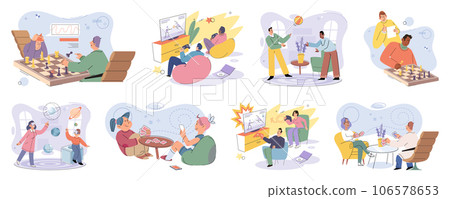 Game together. Family fun. Friendship time. Vector illustration. People playing games together discover new aspects of each others personalities Family game nights allow everyone to unwind and enjoy Game together. Family fun. Friendship time. Vector illustration. People playing games together discover new aspects of each others personalities Family game nights allow everyone to unwind and enjoy 106578653