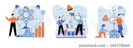 Team solving complex problems. Teamwork vector illustration metaphor. Coworkers characters communication Team building and business partnership concept Brainstorming team discuss about new project 106578684