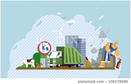 Environmental pollution with garbage and waste big problem due to human activities and unreasonable consumption. Man picking up garbage pile in container disposed on street exterior, littered city 106578690