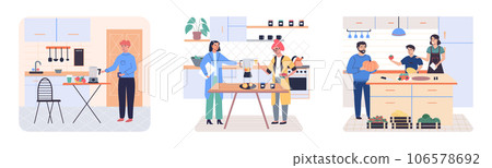 People cooking vegetarian food. Vector illustration. Smiling people cooking on home interior kitchen table. Characters cooking fresh salad and other healthy meals from fresh vegetables People cooking vegetarian food. Vector illustration. Smiling people cooking on home interior kitchen table. Characters cooking fresh salad and other healthy meals from fresh vegetables 106578692