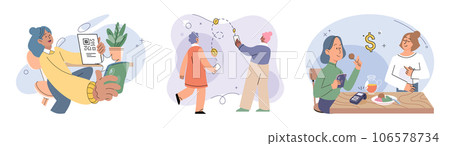 Cashless payment. Vector illustration. Touchless payment methods are especially useful in situations where hygiene is important Retailers are increasingly adopting contactless payment systems to cater Cashless payment. Vector illustration. Touchless payment methods are especially useful in situations where hygiene is important Retailers are increasingly adopting contactless payment systems to cater 106578734