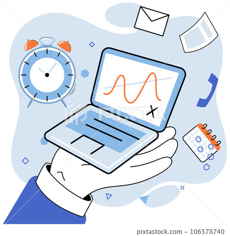 Person using laptop surrounded by business icons, work with digital technology, remote office. Businessman or freelancer with computer, distant communication with colleagues, remote online interaction Person using laptop surrounded by business icons, work with digital technology, remote office. Businessman or freelancer with computer, distant communication with colleagues, remote online interaction 106578740