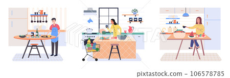 People cooking vegetarian food. Vector illustration. Healthy diet, vegetarian food. Cooking kitchen, culinary dining, homemade prepare. Salt pepper spices asparagus mixed dish bowl knife cut 106578785