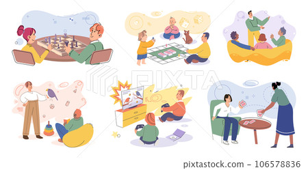 Game together. Family fun. Friendship time. Vector illustration. Playing games with family and friends treasured pastime that creates lasting memories Board games provide platform for people to Game together. Family fun. Friendship time. Vector illustration. Playing games with family and friends treasured pastime that creates lasting memories Board games provide platform for people to 106578836