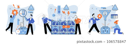 Team solving complex problems. Teamwork vector illustration metaphor. People team working Employee asking questions concept Cross functional team collaboration for common goal Business solution, Team solving complex problems. Teamwork vector illustration metaphor. People team working Employee asking questions concept Cross functional team collaboration for common goal Business solution, 106578847