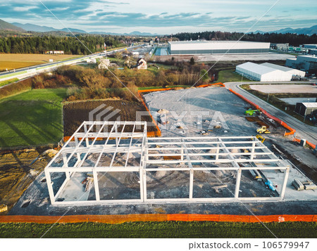 Warehouse Construction from metal structure, industrial building on light gauge steel framing aerial view 106579947