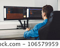 Over the shoulder view of IT programmer working on two screens in the office  106579959